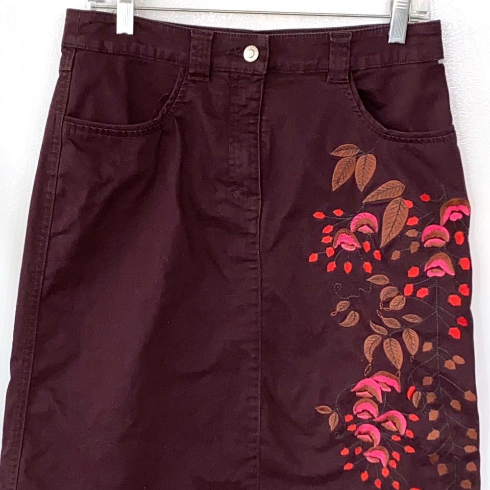 Vintage Y2K Oilily Embroidered Floral Wine/Brown Moleskin Pencil Skirt Sz 4 EVC